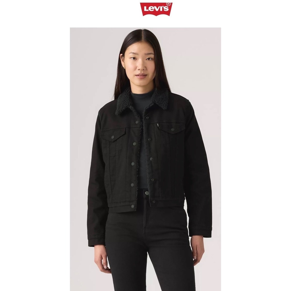 Levis Womens Original Sherpa Trucker‎ Jacket Black Denim Coat S